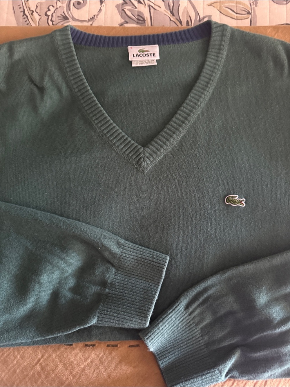 Lacoste V-Neck Sweater in Forest Green with Crocodile Logo